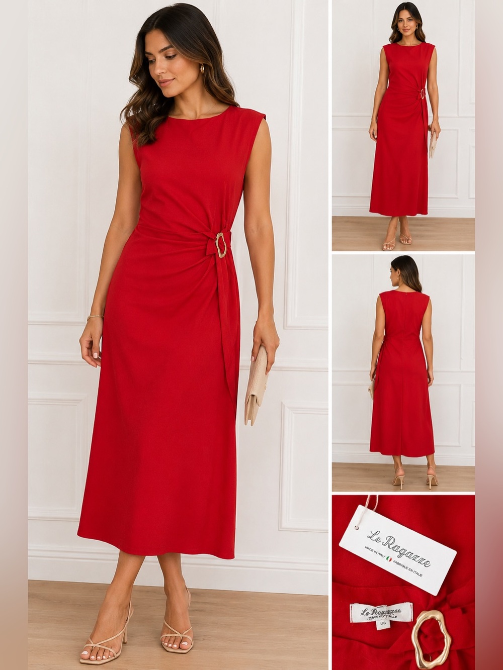 Le Ragazze Made in Italy Red Midi Dress Gold Buckle – Size L NWT